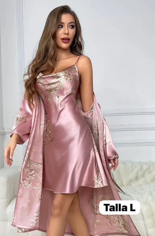 T.PIJAMA SATIN BATA Y VESTIDO ROSA C/FLORES T.L