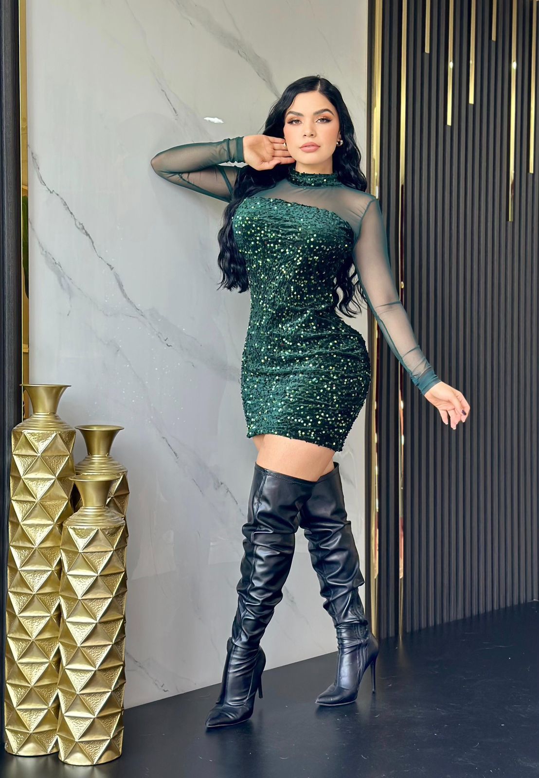 L.VESTIDO LENTEJUELA MESH CORTO VERDE UNITALLA 2749