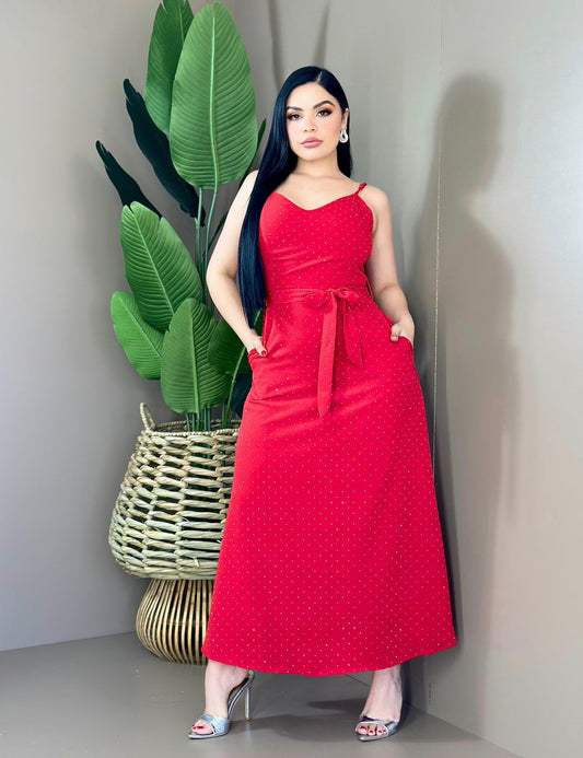 L.MAXI VESTIDO APLICACIONES BRILLOS ROJO UNITALLA 2788