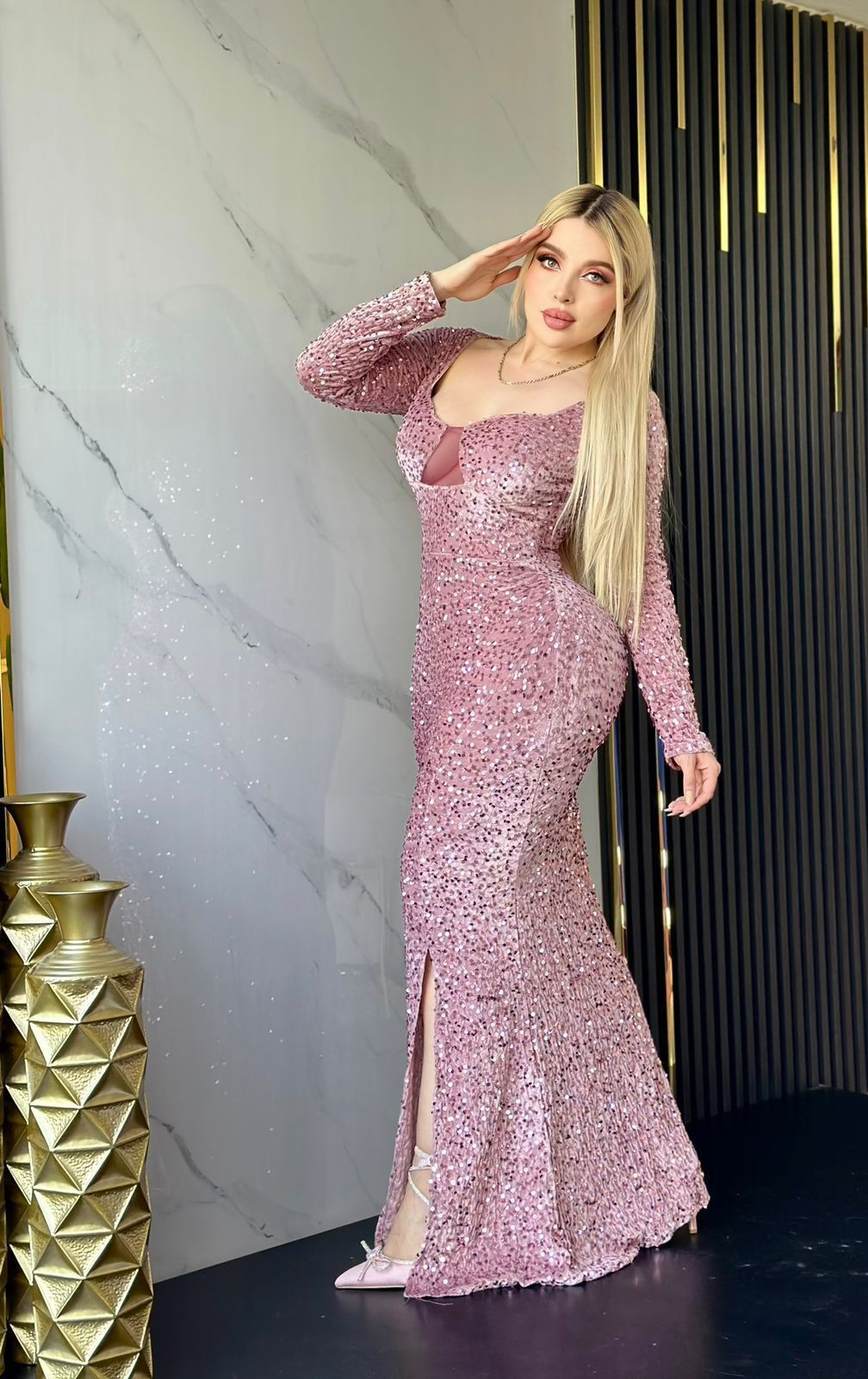 L.MAXI VESTIDO LENTEJUELA MESH ROSA VIEJO UNITALLA 2733