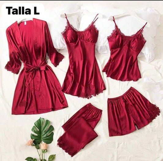 T.CONJ. PIJAMA SATIN ROJO 5PZS T.l