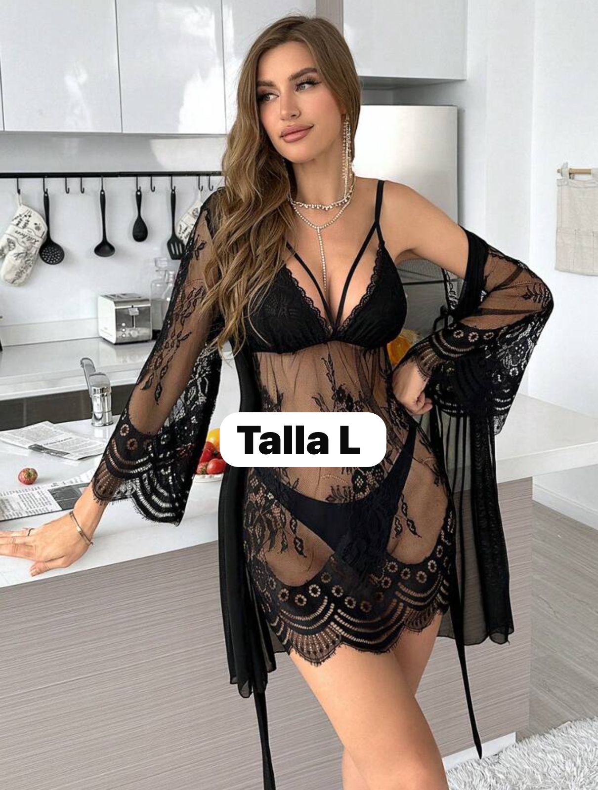 SH.PIJAMA ENCAJE BATA Y VESTIDO NEGRO  T.L