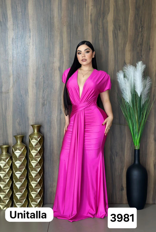 LI.VESTIDO MAXI SATIN PLIZADO ESCOTE V/C T.EXTRA