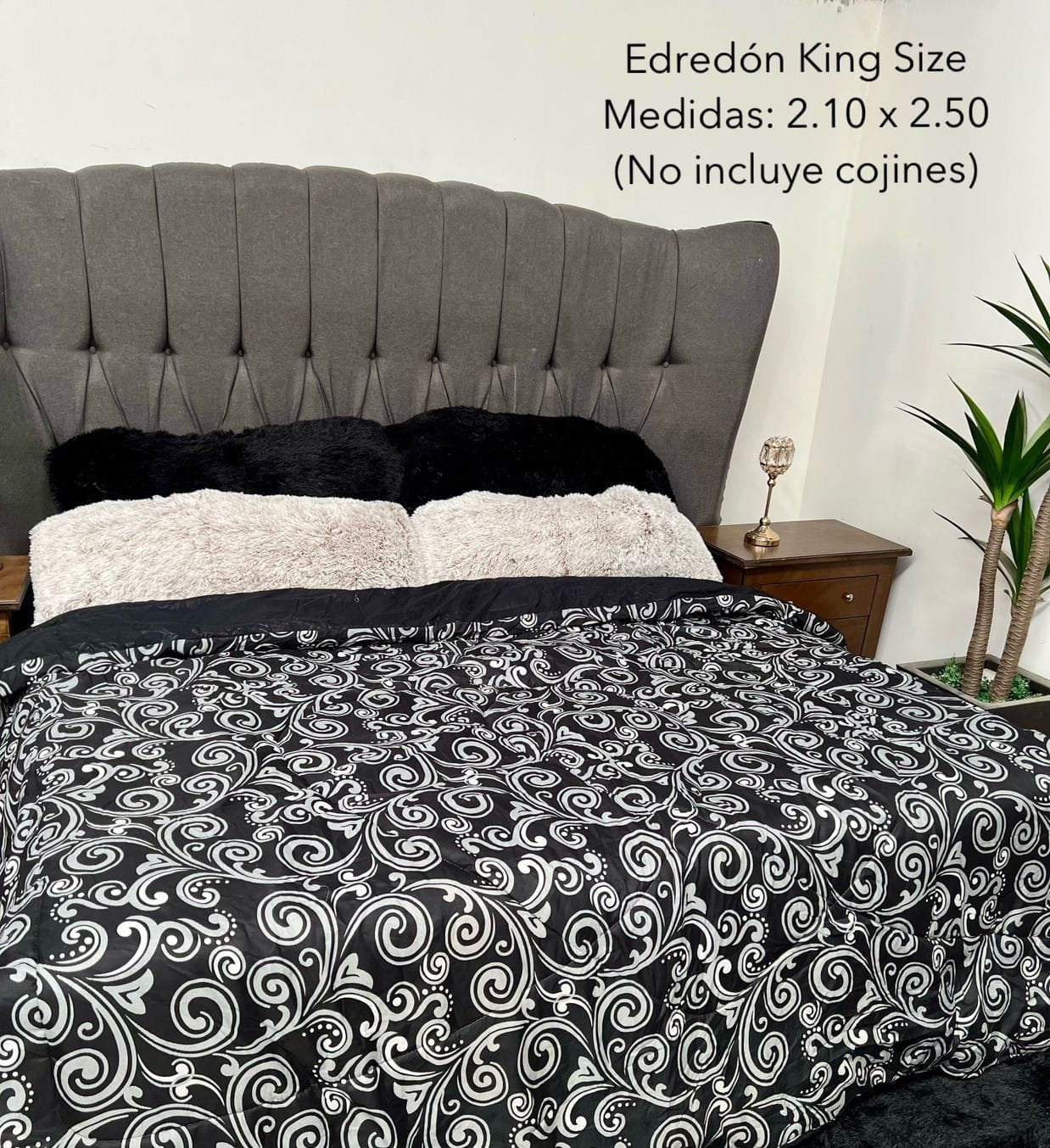 S.EDREDON DOBLE VISTA NEGRO FLORES KING SIZE