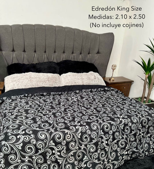 S.EDREDON DOBLE VISTA NEGRO FLORES KING SIZE
